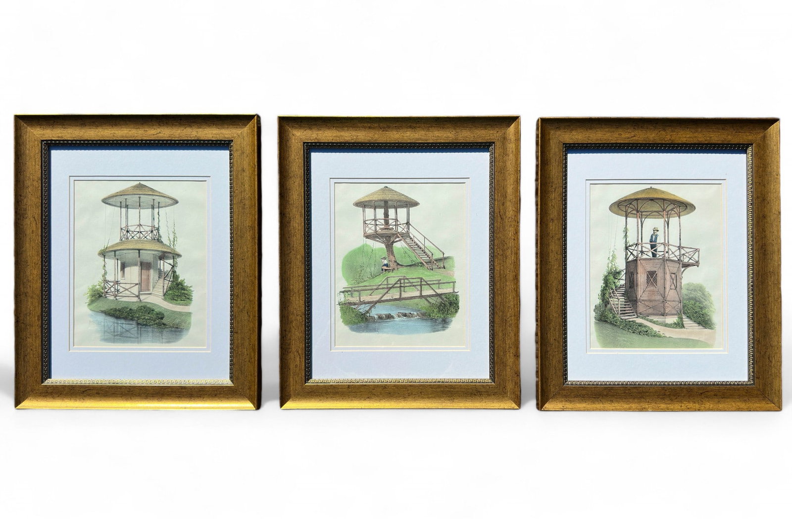 Vincent Petit c1850 Country Dwellings Colored Lithographic Plates Framed Set of Three: Habitations Champetres, or Country Dwellings, a Series of Engraved Lithographic Plates published in a compendium of Engravings by Becquet freres, entitled, â€œHabitations Champetres