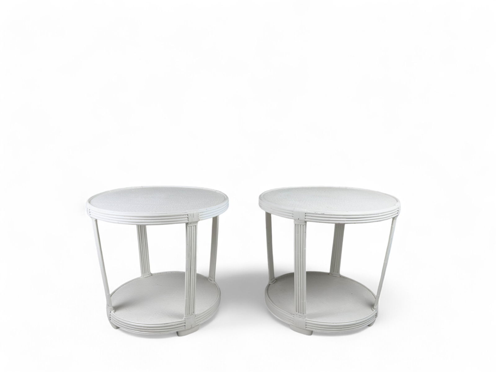 Pair, Bamboo Rattan and Woven Reed Side Tables Painted White (1 of 6)