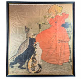 c 1894 Theophile-Alexandre Steinlen Original Lithograph Framed, Lait Pur Sterilise Large Size: Antique, C. 1894-1896 Original Lithograph from Theophile-Alexandre Steinlen. Some yellowing due to age/ acid exposure. Frame Measures 60" W x 65" H Poster Measures 56" W x 60" H