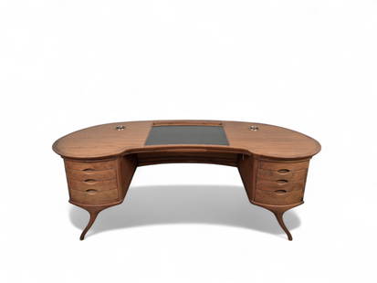 Roberto Lazzeroni For Ceccotti Collezioni Bean Writing Desk: Kidney Bean shaped writing desk made of cherry wood by Roberto Lazzeroni for Ceccotti Collezioni. Black leather covered center top lifts for additional storage, pen holders on top turn clockwise to to