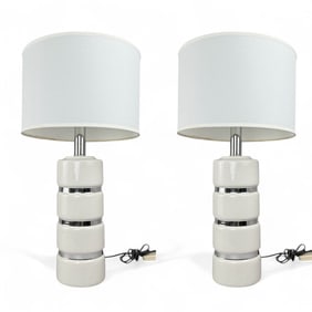 Mid Century Ceramic and Chrome Stacked Table Lamps