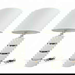 Mid Century Ceramic and Chrome Stacked Table Lamps: In a style attributed to Karl Springer, these white ceramic and chrome stripe stacked table lamps reach 30" H to the top of the socket. 7" Diameter, 30" H to top of socket