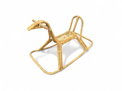 Mid Century Modern Stick Rattan Rocking Horse: Playful Simplicity. Measures 17" W x 30" D x 22" H