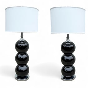 Mid Century Black Glass Stacked Ball Lamps