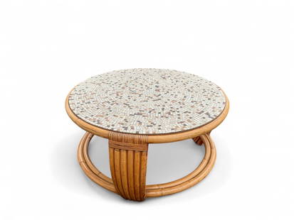 Mid Century Bamboo Rattan Round Tile Top Side Table: Vintage Mid Century round, center or coffee table with bent bamboo rattan base and ceramic mosaic tile top table. Measures 23 3/4" D x 16 1/4" H