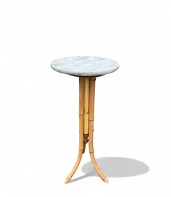 Antique Bamboo Rattan With Marble Top Three Leg Side Table