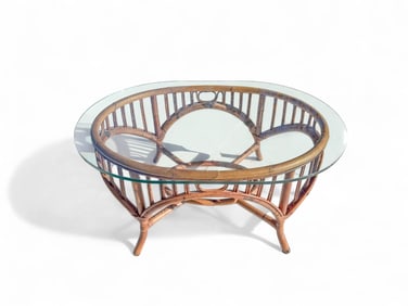 Bamboo Rattan Ovular Glass Top Coffee Table