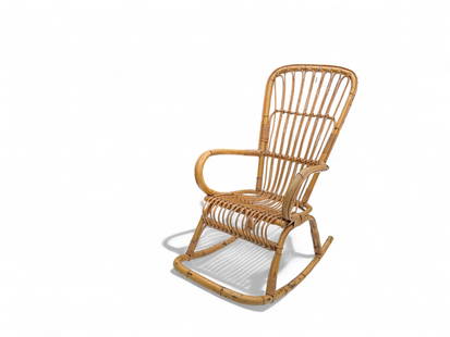 Mid Century Bamboo Rattan Rocking Chair: Franco Albini Style, Wide bamboo rattan rocking chair. Measures 24" W x 35" D x 43" H, Seat Height 17"