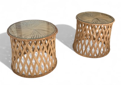 Pair of Rattan and Glass Top Side Tables