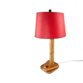 Rattan Table Lamp with Red Shade