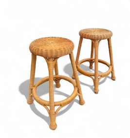 Vintage Wicker wrapped rattan stools, Pair