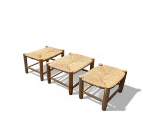 Charlotte Perriand Style Rush and Wood Foot Stools