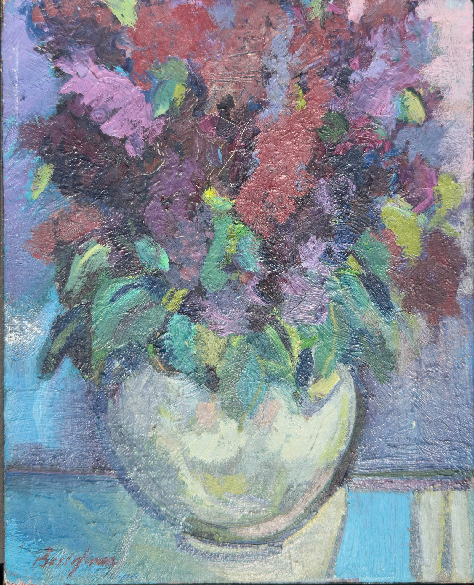 Signed Oil on Canvas Still Life with Flowers: Colorful flower arrangement on canvas, framed, Signed. Canvas Measures 8 1/4" W x 10" H Frame Measures 9 1/4" W x 11 1/4" H