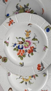 Herend Hand Painted Porcelain Dinner Plates, 6 pcs: Six Antique Herend porcelain plates with gilt trim and hand painted Flora, Fauna, Fruit and Vegetables. No Chips or cracks. Each plate has a diameter of 10"