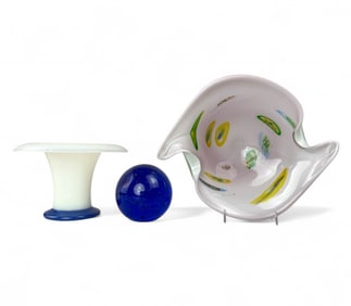 Murano Millefiori Art Dish, Opalescent Vase and Cobalt Blue Sphere