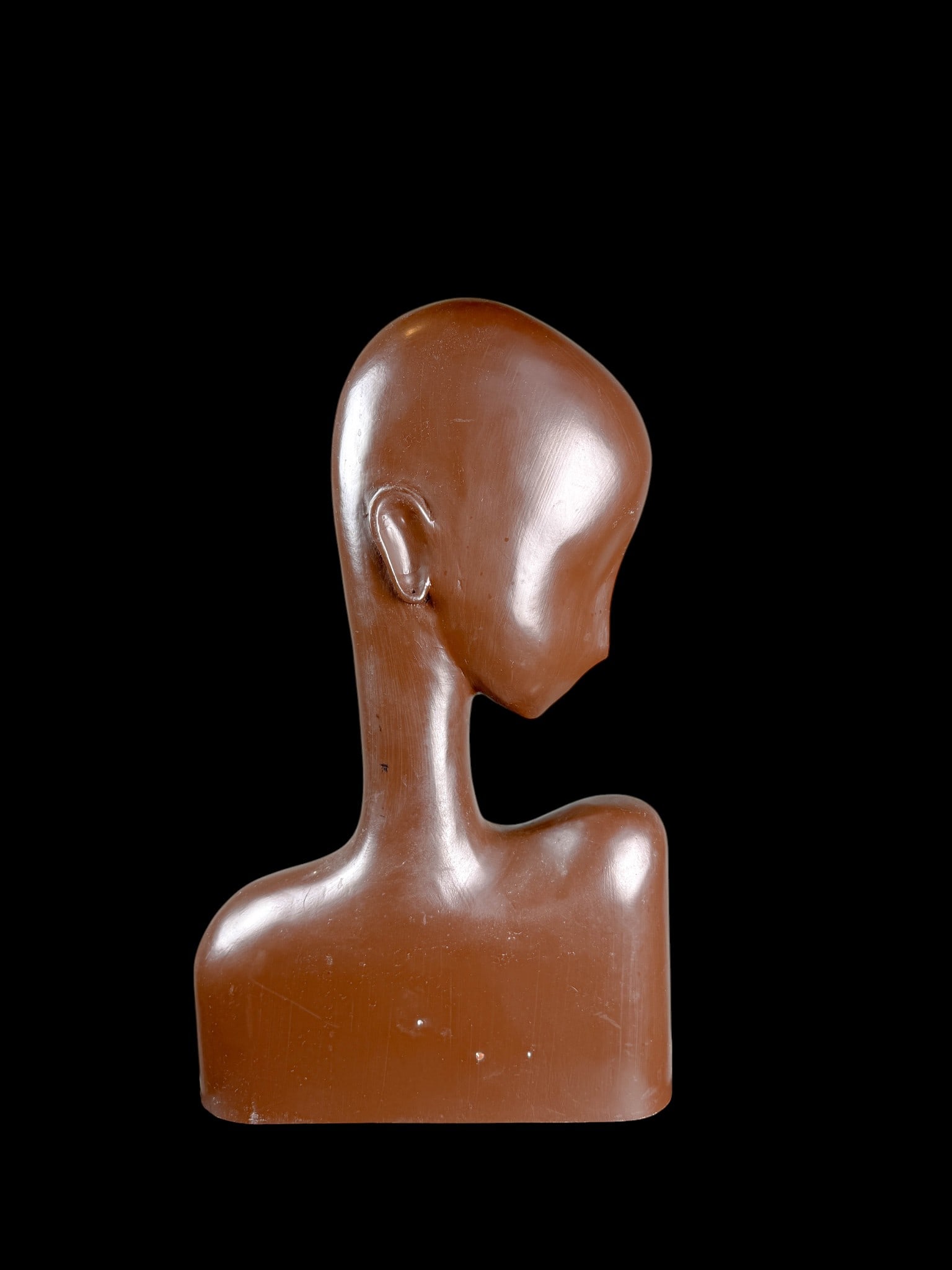 Franz Hagenauer Werkstatte, Wooden Female Figure: Mid Century Circa 1950's Modern bust of a female made of carved wood and lacquered in brown. Measures 11" W x 3 1/2" D x 18 1/2" H