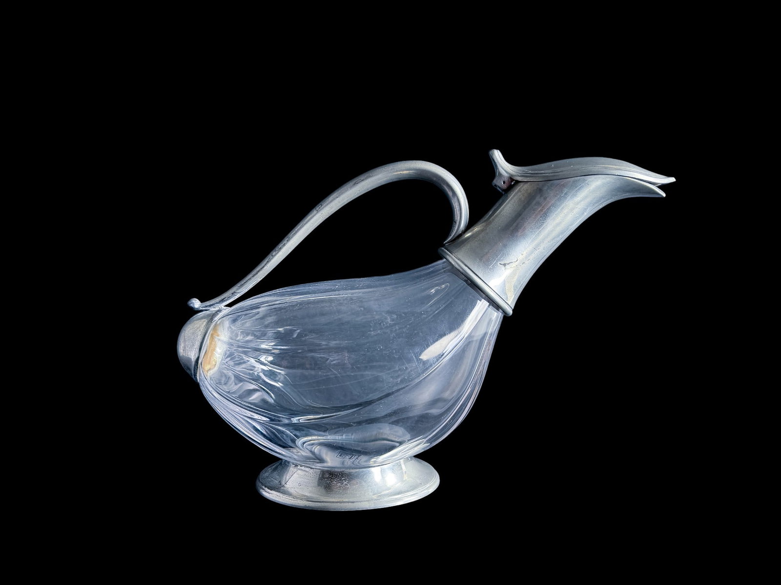 Vintage Etains Du Manoir Crystal and Pewter Wine Decanter: French Etains du Manoir pewter wine decanter with hinged and lidded mouth.