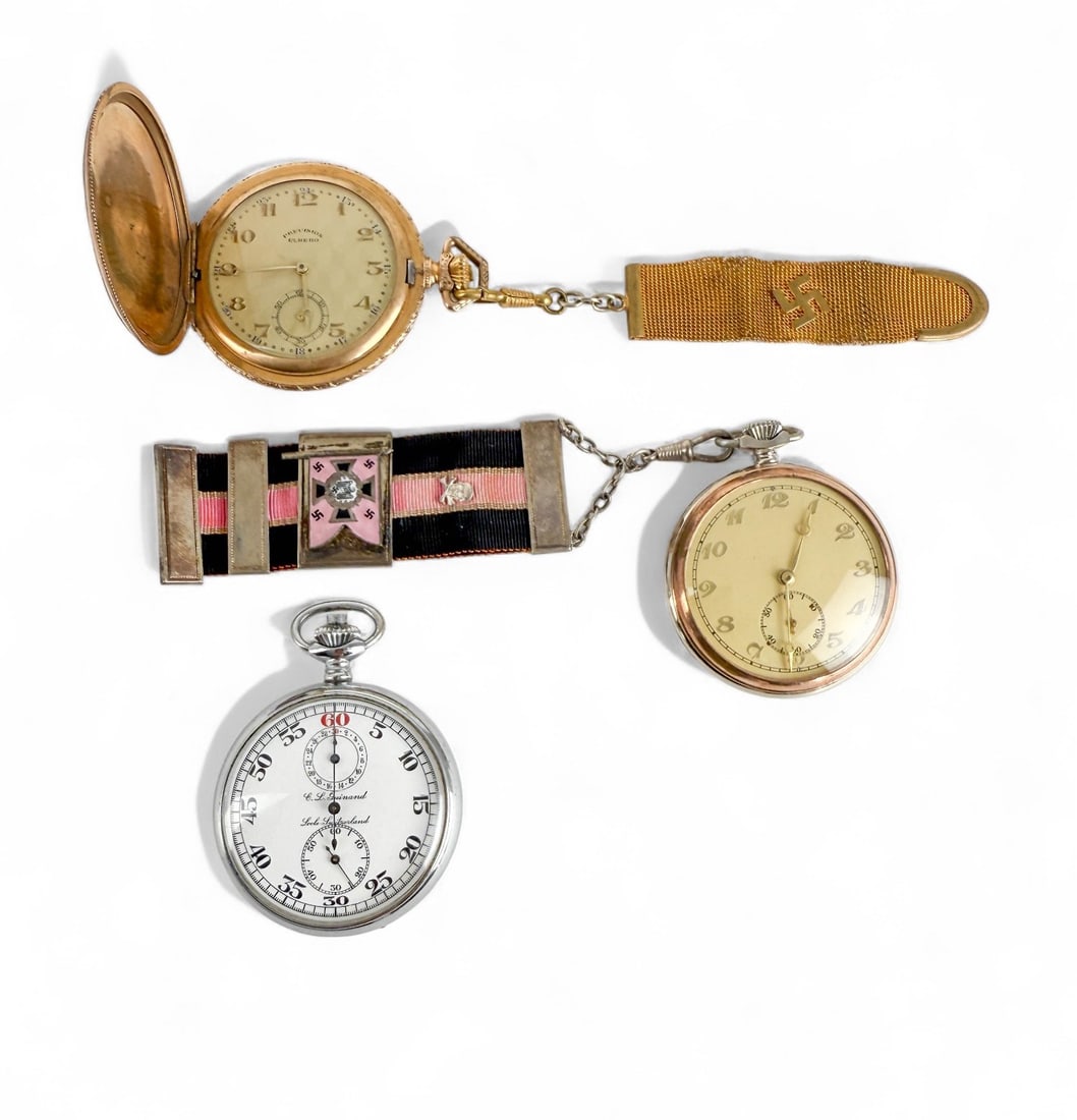 Vintage or Antique Pocket Watch and Stopwatch: Nazi German pieces. Stopwatch is from C.L. Guinand, Switzerland. One Gold Filled pocket watch from C.L. Enhero