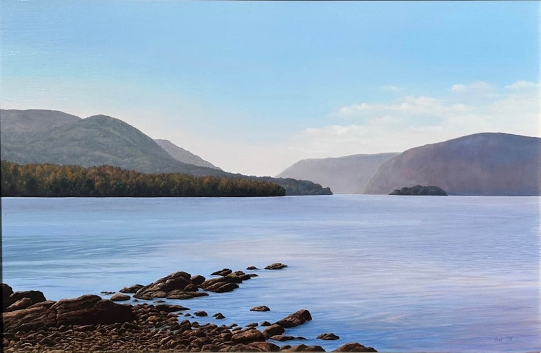 Tom Yost, Morning Calm Oil Painting: Tom Yost, American landscape Painter. Oil on linen signed bottom right, dated '14. Yost most commonly paints scenes from the Hudson River. Painting Measures 24" W x 16" H Frame Measures