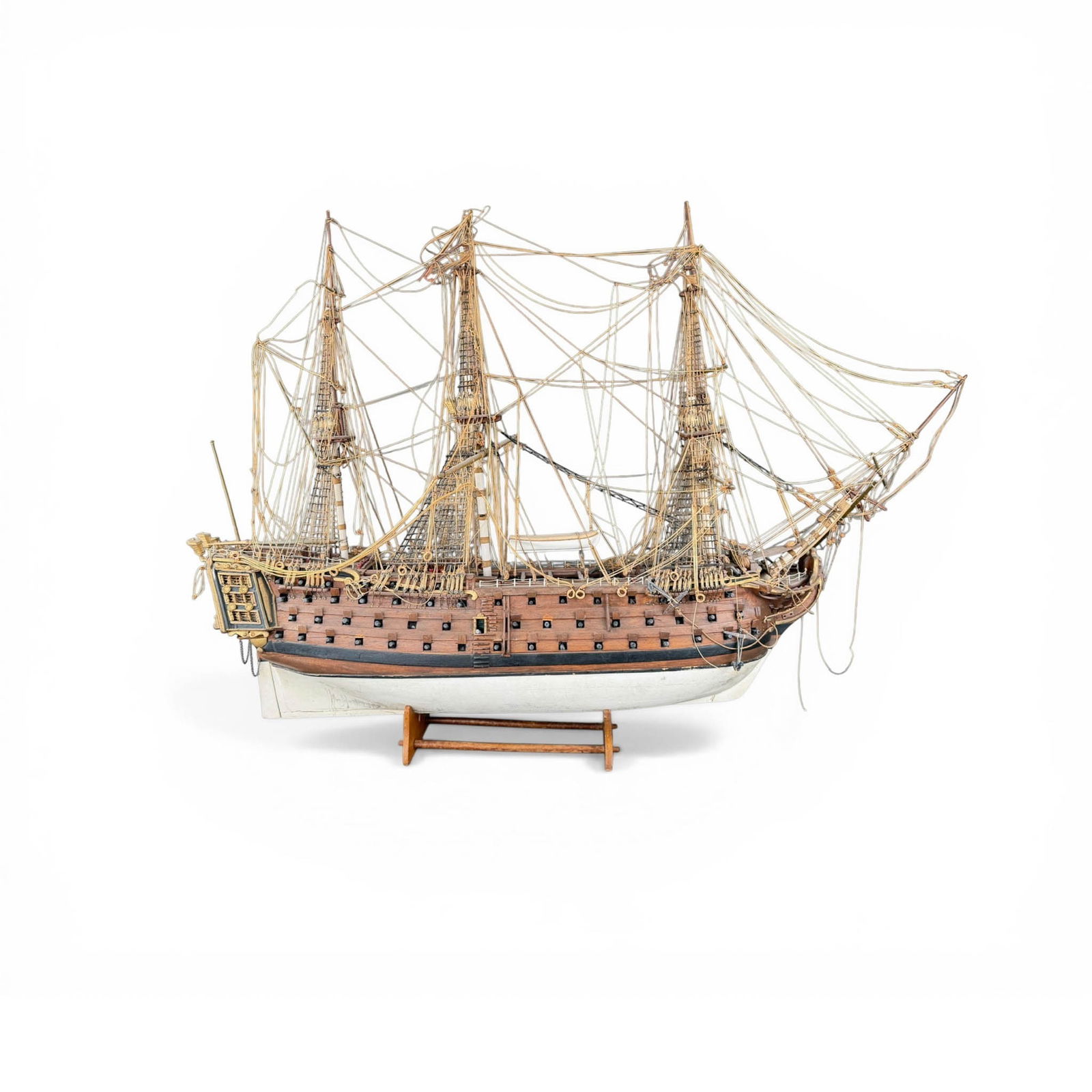 18th C British Naval Warship Wooden Model: Measures 38" W x 14" D x 28" H