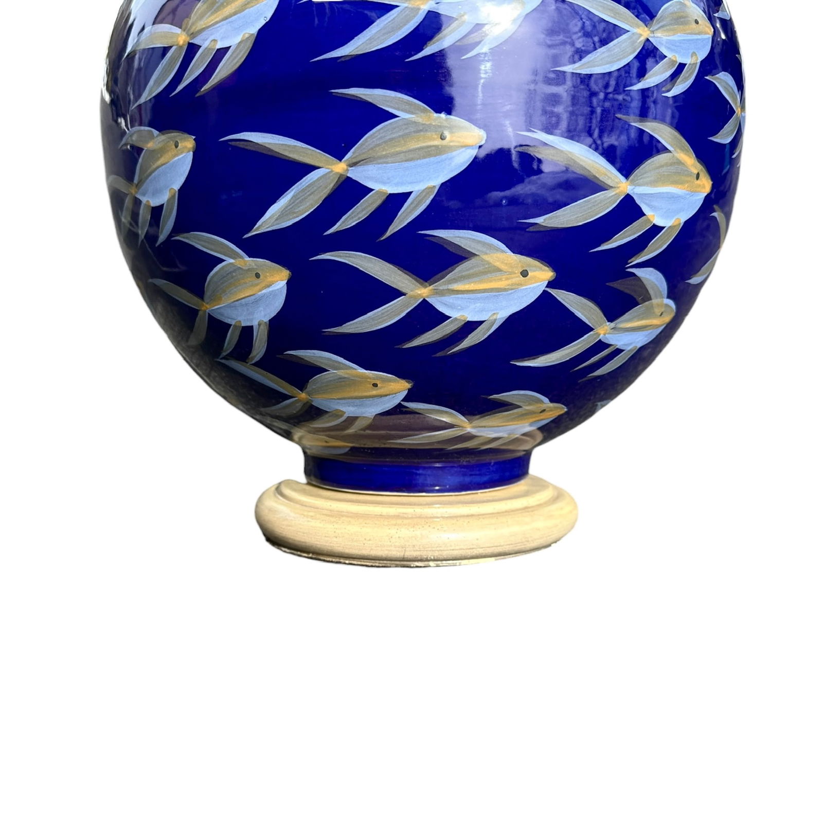 Pair, Vintage Blue Ceramic Sphere Fish Table Lamps - 3