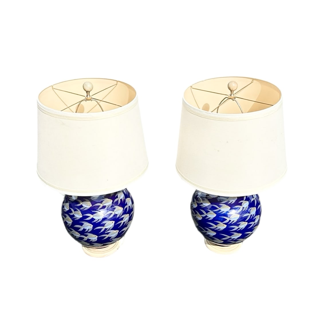 Pair, Vintage Blue Ceramic Sphere Fish Table Lamps - 4