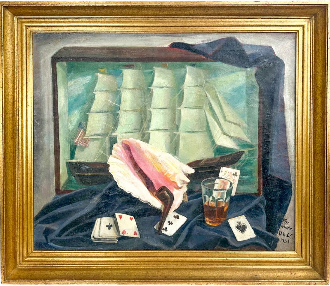 Still Life of Shell, Cards, Pipe and Model Boat, 1939: To Walter" Signed H.H. DeC 1929, in bottom right corner. a phenomenal Oil on Canvas Still Life Painting with a model ship in shadowbox, shell, pipe, playing cards and a glass of brown liquid. Framed.