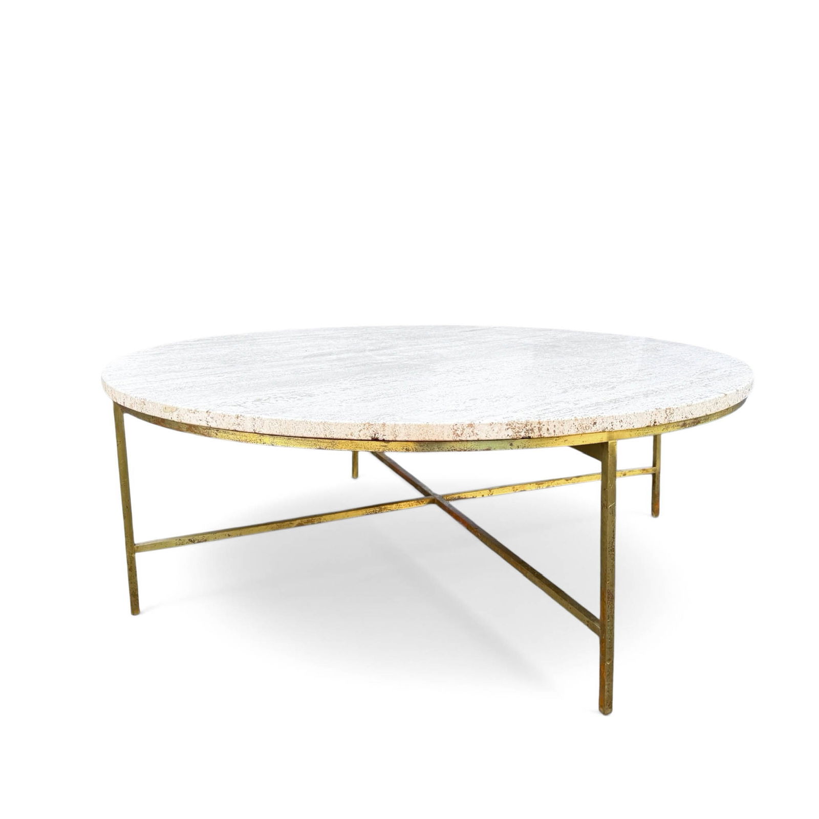 Mid Century Paul McCobb Irwin Collection Travertine and Brass Coffee Table: Vintage, Mid Century Modern, Paul McCobb for Calvin Furniture, circular coffee table with travertine stone top, resting on a brass X-base from the Irwin Collection. Measures 42" Diameter with a 15