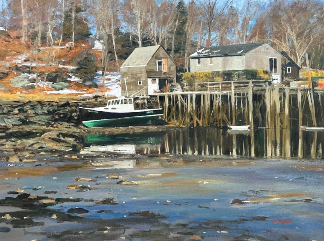 Tom Hughes, Coastal Maine Dock House with Boat: Tom Hughes, B. 1965- American Plein Air landscape painter. Original Oil on Canvas of a Maine coastal scene with boat at dock. Signed lower right hand corner. Frame Measures 47 1/2" W x 37 1/2" H 