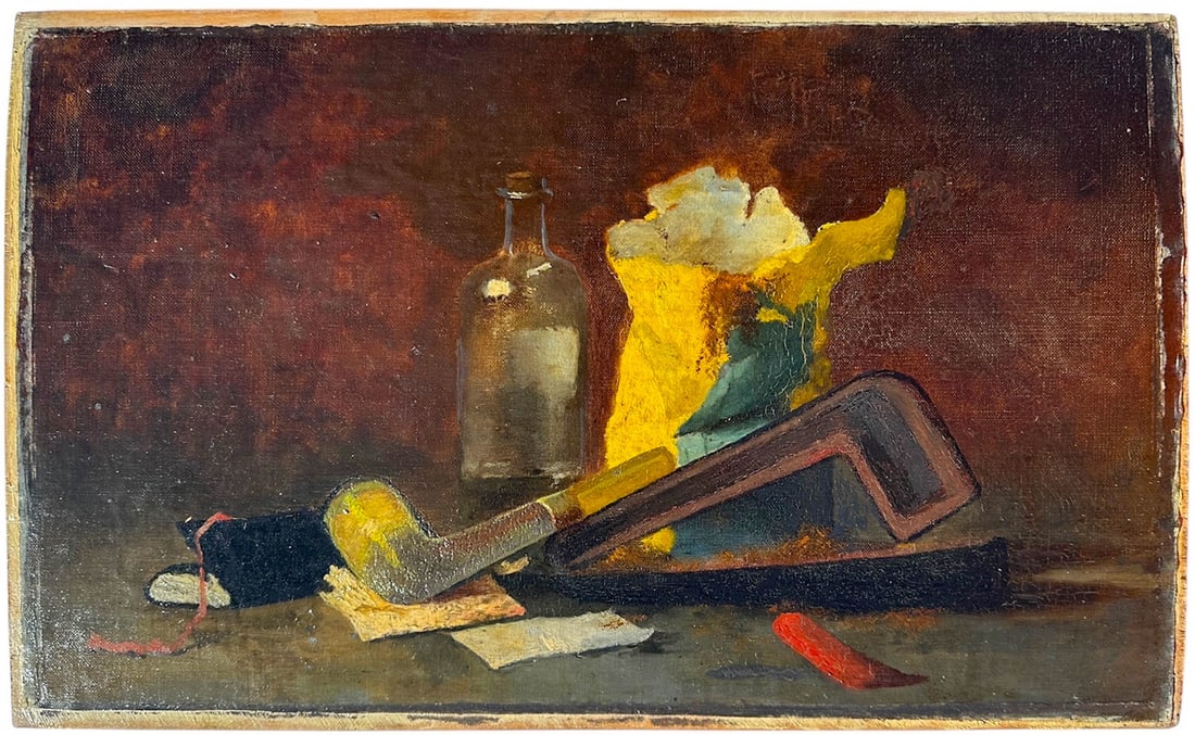 Unsigned, Still Life with Pipe, Case and Tobacco, Oil on Canvas on Wood: Antique Impressionist Still Lifewith pipe, case, Bottle, Papers and Pouch of Tobacco. French oil painting on canvas on wood panels. Measures