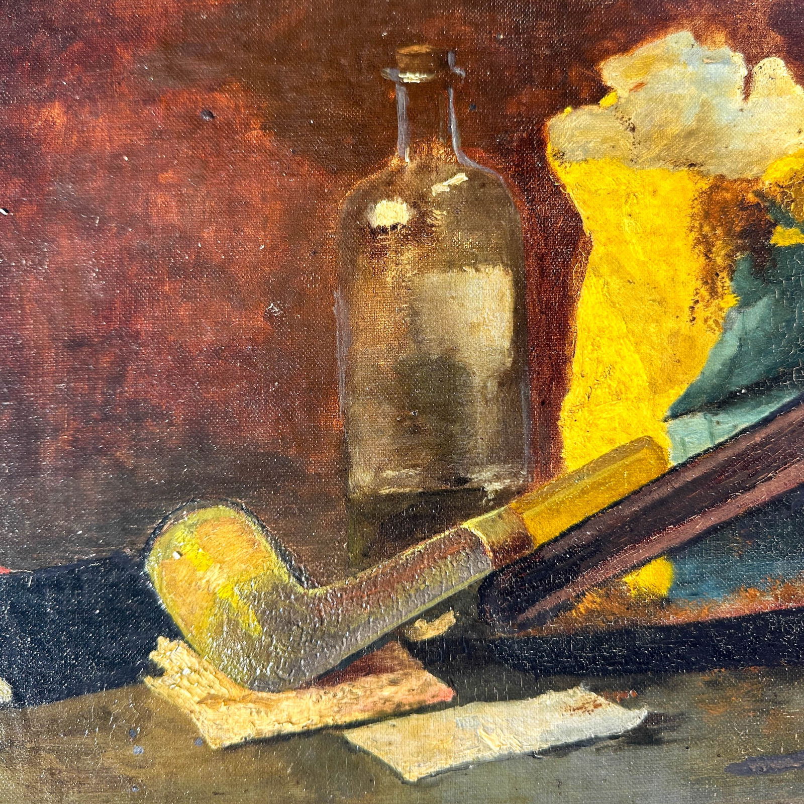 Unsigned, Still Life with Pipe, Case and Tobacco, Oil on Canvas on Wood - 2