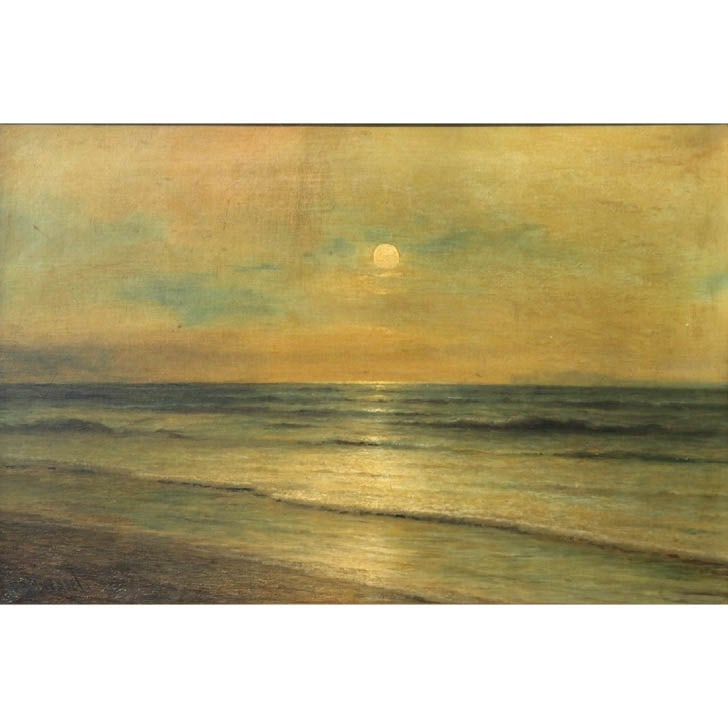 Henry A. Duessel, Sea Scape at Sunset: Henry A. Duessel, American B. 1858- 1919. Seascape or shoeline at sunset. Oil on Canvas C. 1880's. Timeless Warm Golden hour tones flood the canvas over soft rolling water at the shoreline. Frame Meas