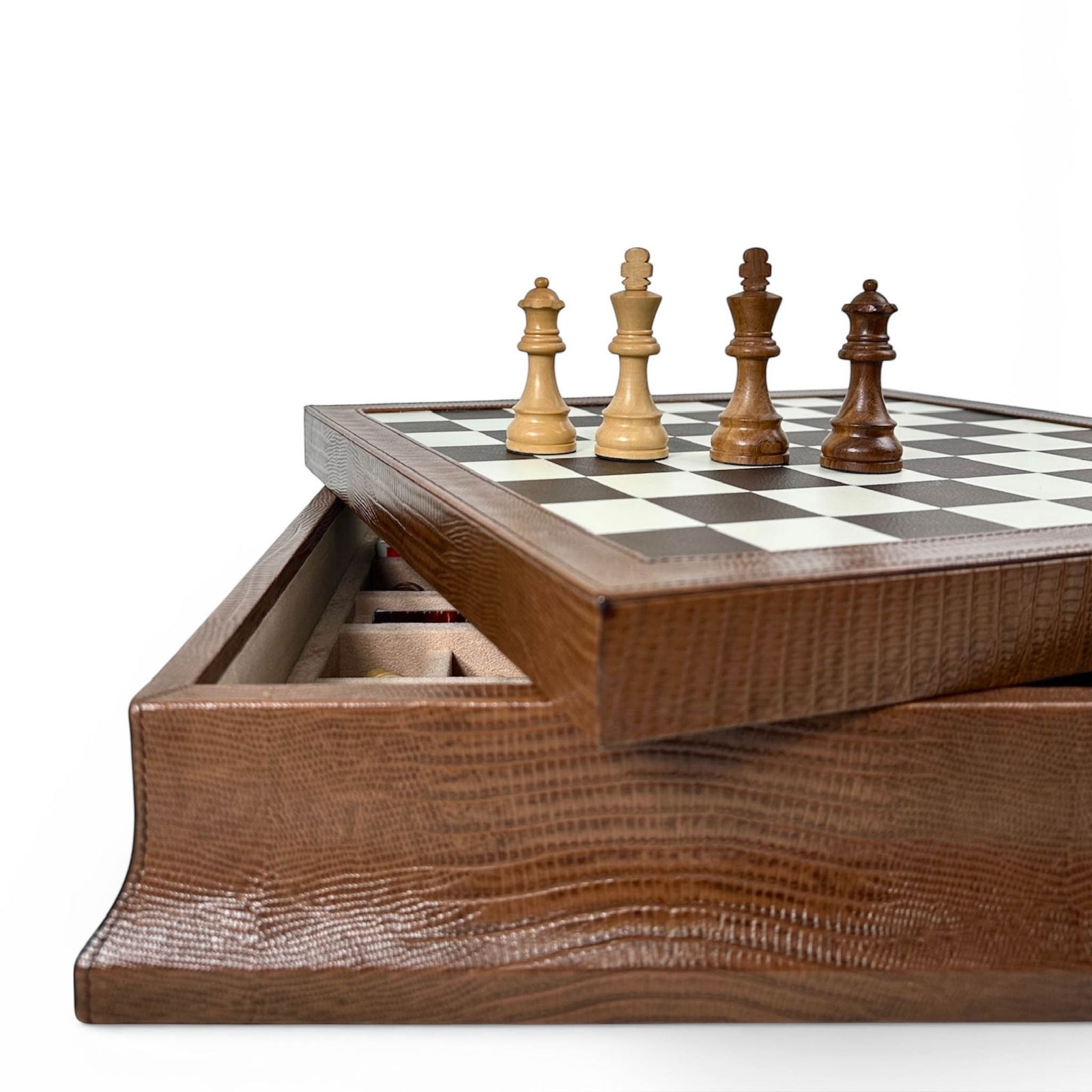 Scully and Scully Leather Covered Chess and Backgammon Board: Scully and Scully Leather covered wooden chess and backgammon set with interior storage. Full chess and backgammon set. Unused. Pieces are still wrapped in plastic. Measures 18" x 18" x 3 1/4"