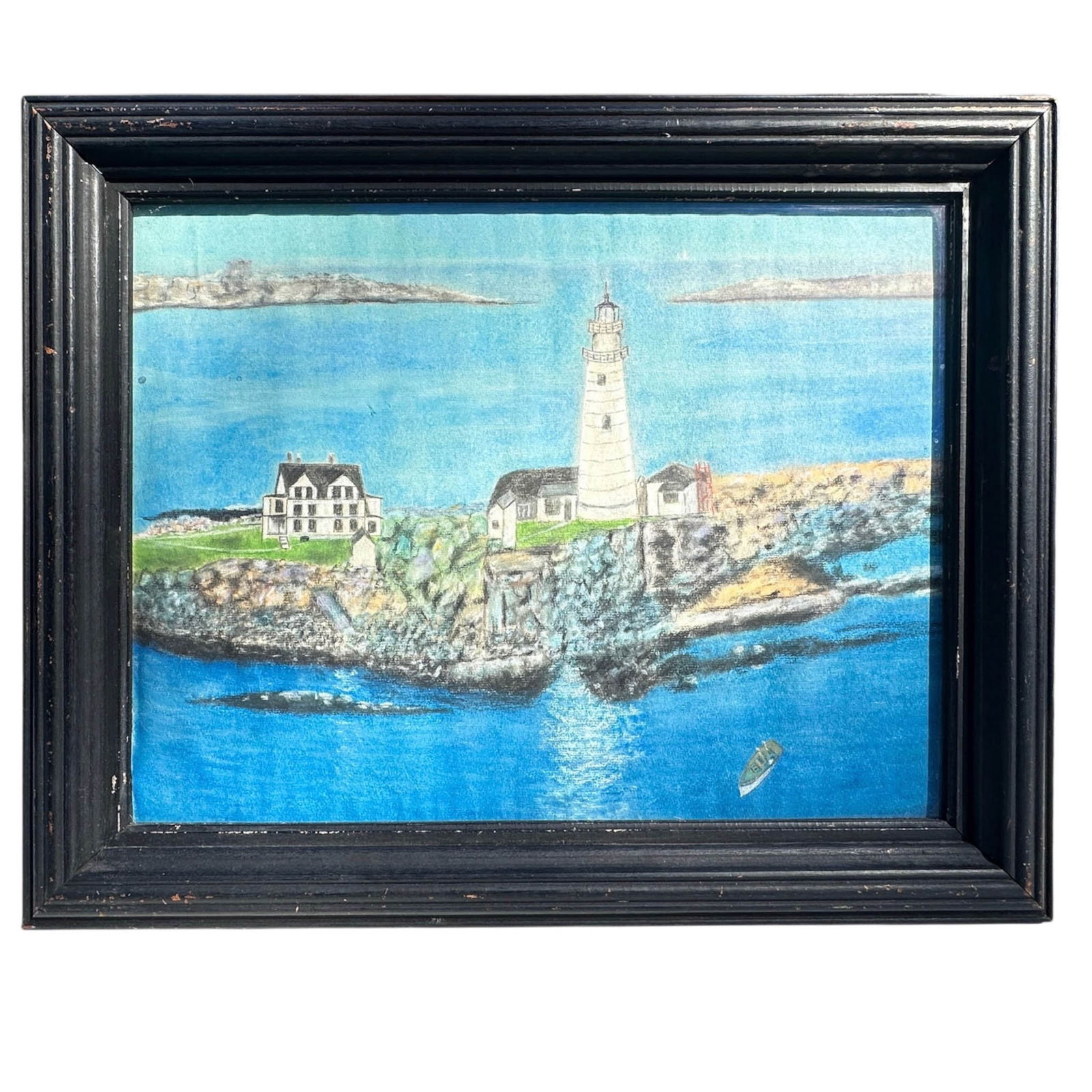 Very Vintage Pastel on Paper, Cape Elizabeth Head Light, Portland Maine: Vintage or Possibly Antique Unsigned, Framed pastel seascape with Maine's most famous Lighthouse, or Head Light, which is in cape Elizabeth off the coast of Portland Maine. In black lacquered frame an
