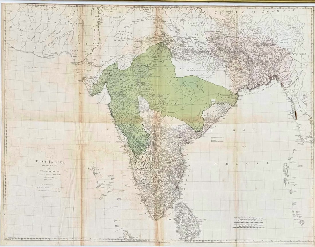 Monumental 18th C. Navigational Chart "East Indies with the Roads" Framed: Dated 1768, this Antique Navigational Chart or Map of "The East Indies with the Roads" by Thomas Jeffreys, the Geographer to the King, is the Second Edition. The map is dedicated to the directors of t