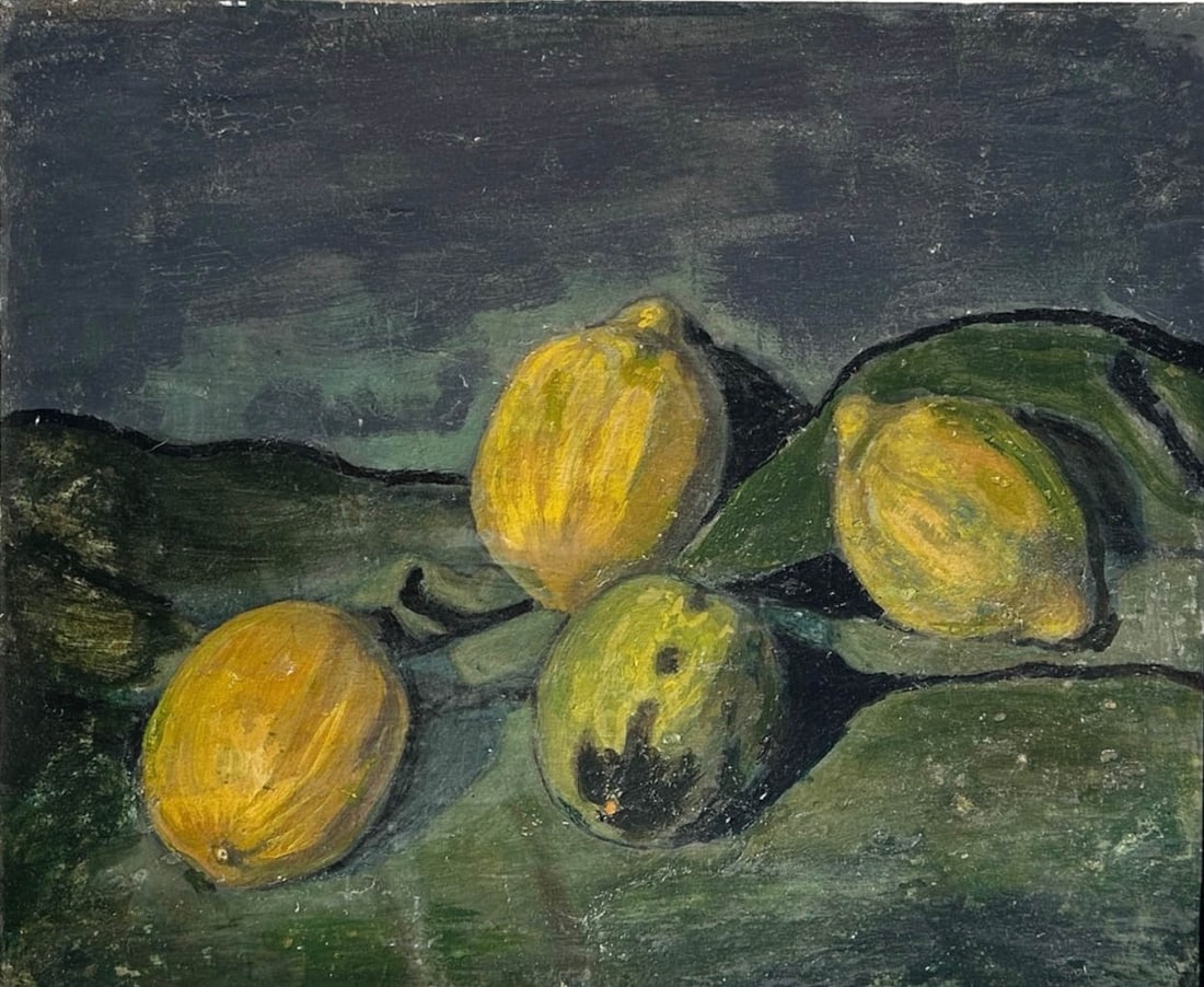 Impressionist Still Life with Lemons, French, Oil on Board: Vintage c 1950's or '60's French Impressionist Oil Painting on Board. Still Life with lemons on a moody cloth backdrop. French Import. Frame Measures Board Measures