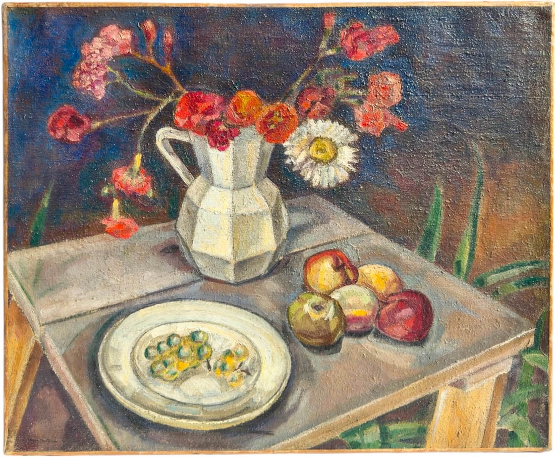 Andre LeMaitre, Oil on Canvas c.1940 Stillife with Fruit and Pitcher: Andre Lemaitre, French 1909-1995. Untitled Still Life painting with a cubist flair of pitcher, fruit and flowers. Oil on Canvas Painting. Lemaitre was an expressionist painter with a flavor for cubism