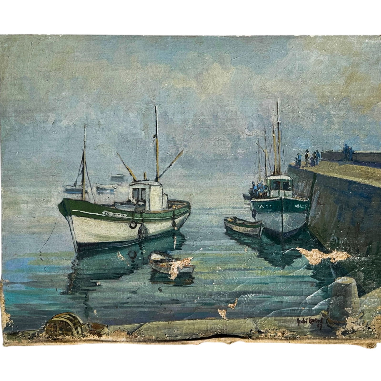 French Oil on Board, Docked Boats in Fog: Frenc hoil on board painting of ships in a harbor. Board Measures 16 x 13" H Please refer to the following address for the pick-up location: 2 Quogue Plaza Trail, Quogue, NY 12017