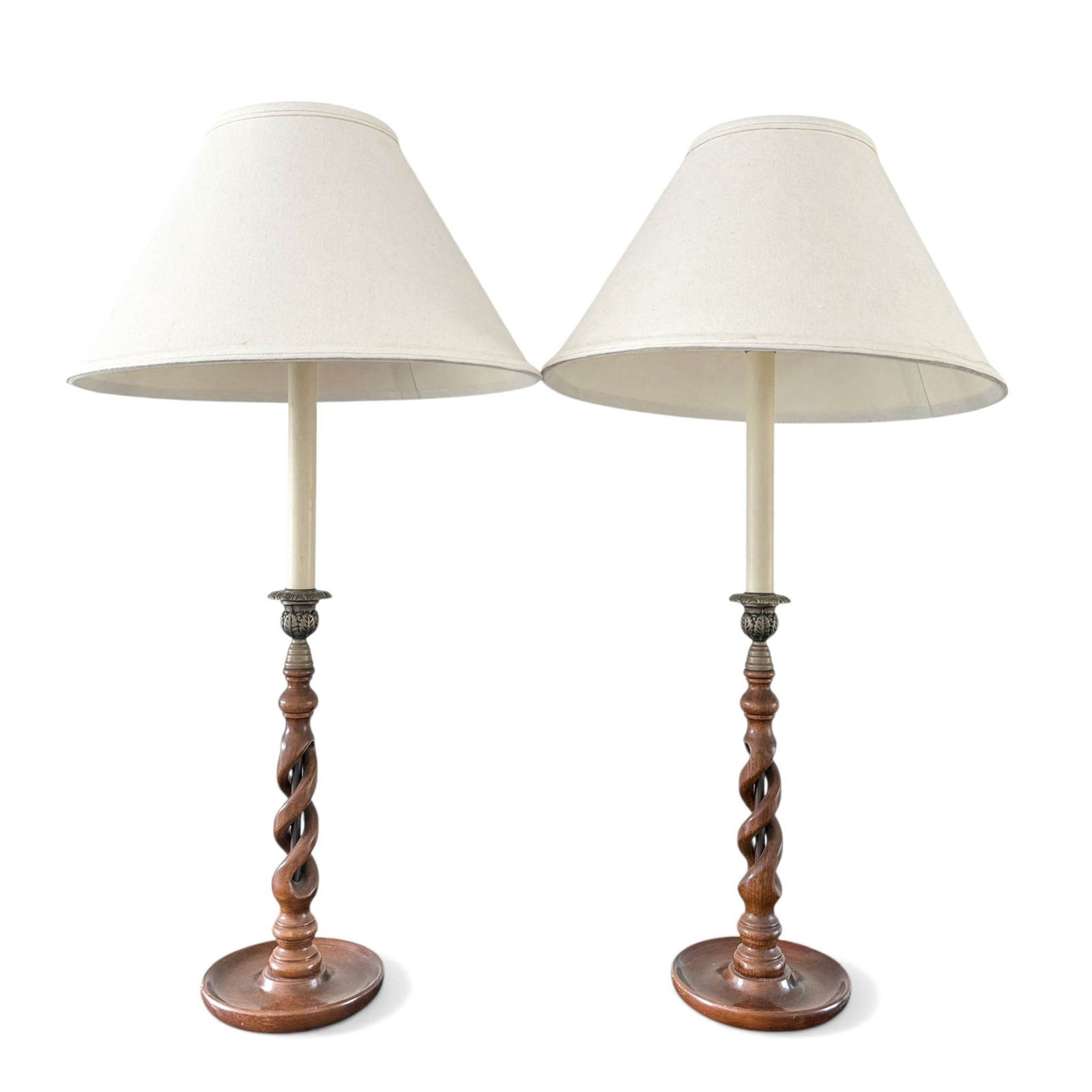 Pair, Barley Twist Wooden Candlestick Lamps: Pair of vintage or antique barley twist candlestick lamps. Wood and Silver hardware enhance these barley twist candlestick lamps. Measure Please refer to the following address for the pick-up