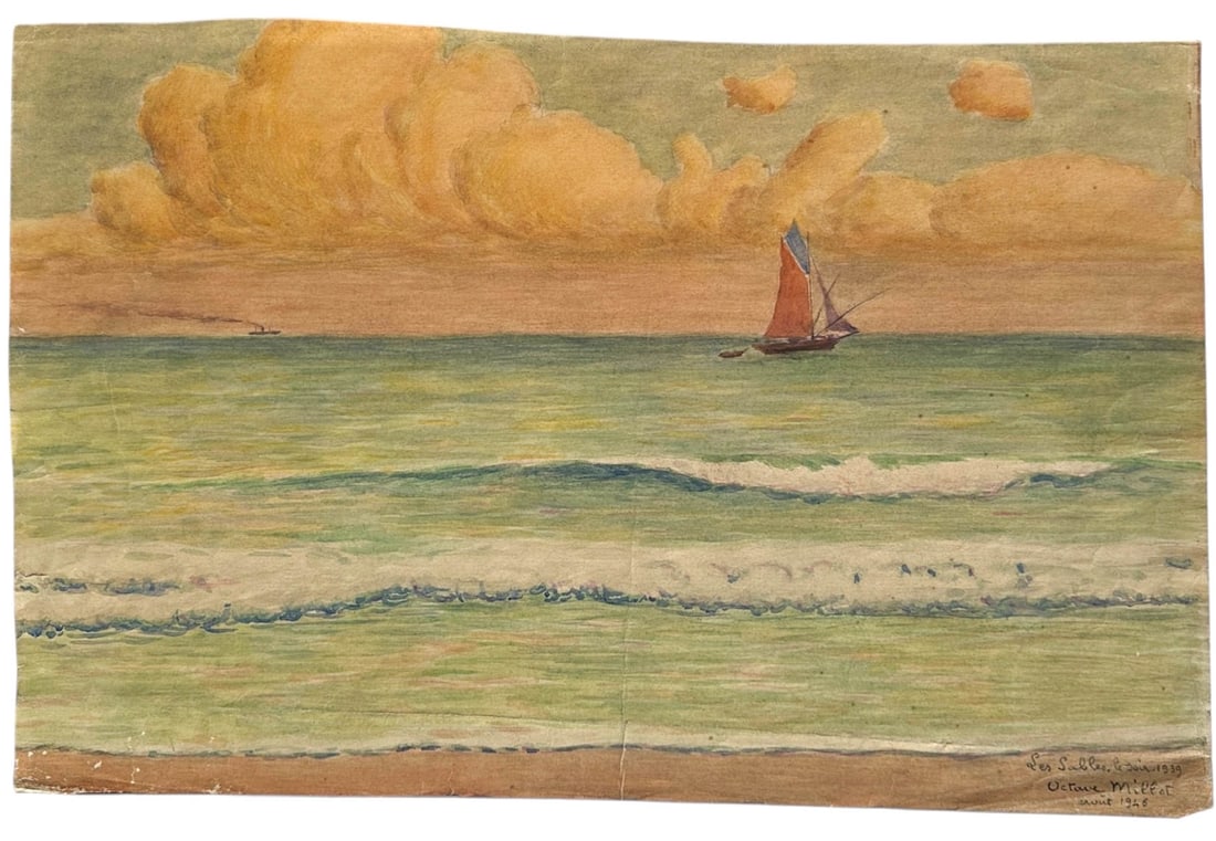 Octave Millot, "Les Sables, Le Soir" French, Watercolor on Paper: Ocave Millot, Dated 1936 and 1946, watercolor of evening seascape with sailboat. Entitled "Les Sables, le soir" (The Sands, in the evening). Import from France. Measures Please refer to the