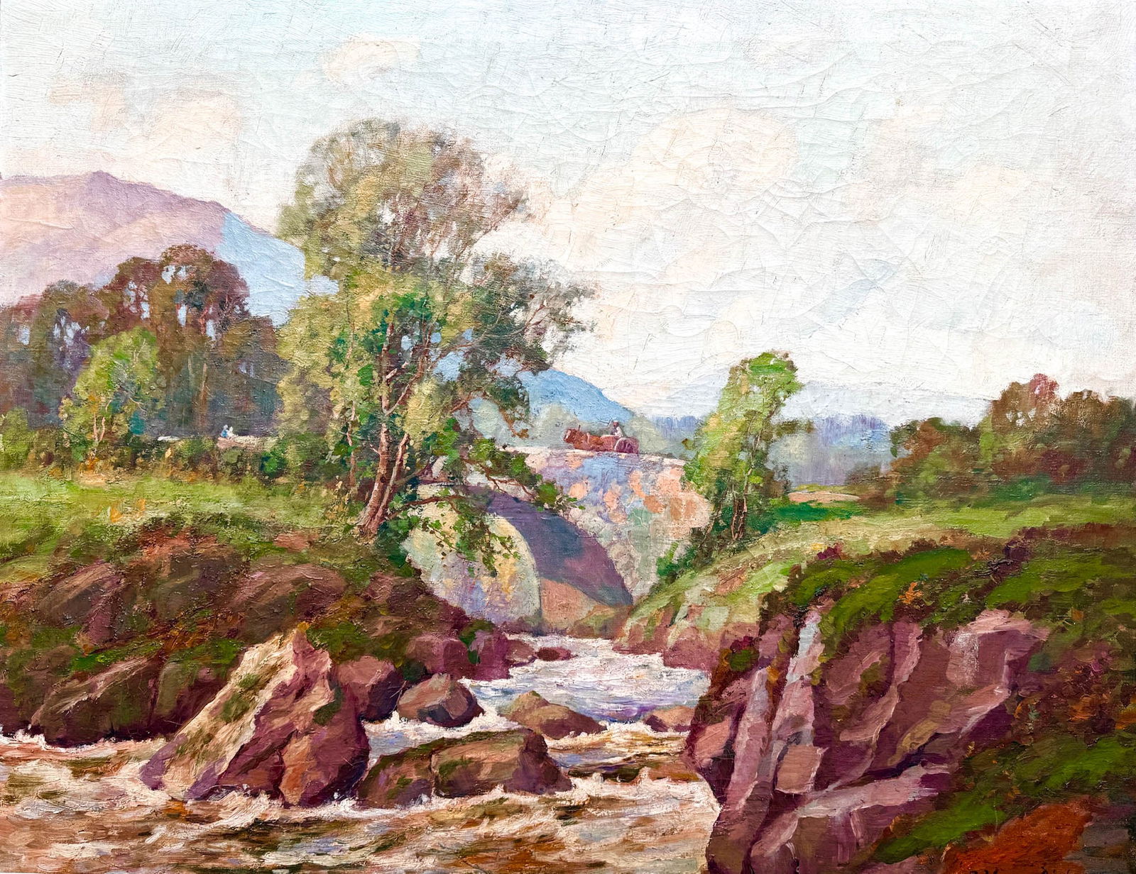 Samuel J Lamorna Birch, Oil On Canvas C. 1935: Samuel J. Lamorna Birch, British 1965-1955, "Sunrise Bridge On The Road To ... Range". Dated 1935 this Large Oil on Canvas lanscape with river, bridge, horse pulled cart and Mountain range in