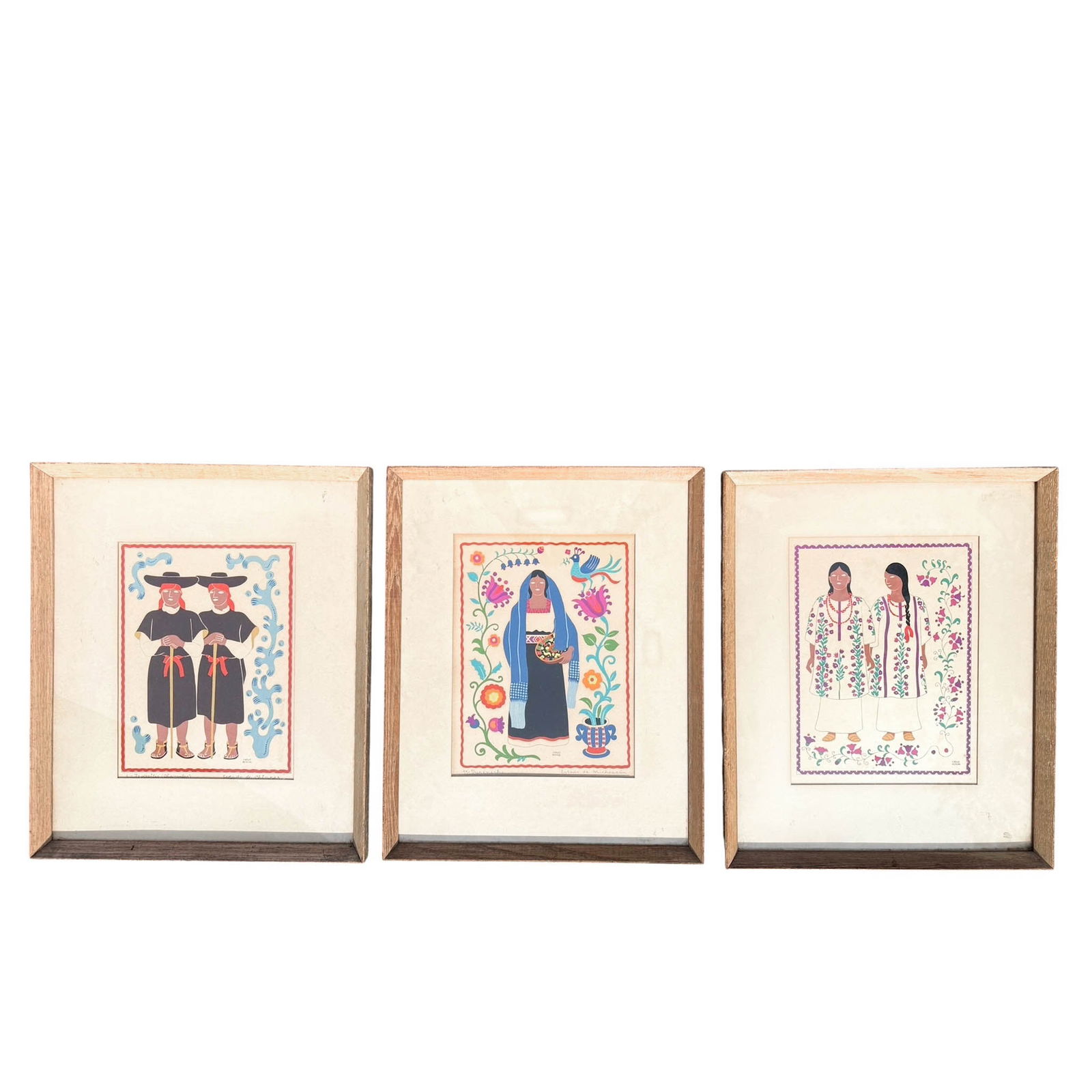 (3) Carlos Merida, Trajes Regionales Mexicanos, Silkscreen Prints: Dated 1945, These three silkscreen prints by Carlos Merida are from his "Trajes Regionales Mexicanos", or Regional Mexican Dress Series. All are numbered and signed. Frame Meaures Please refer to the