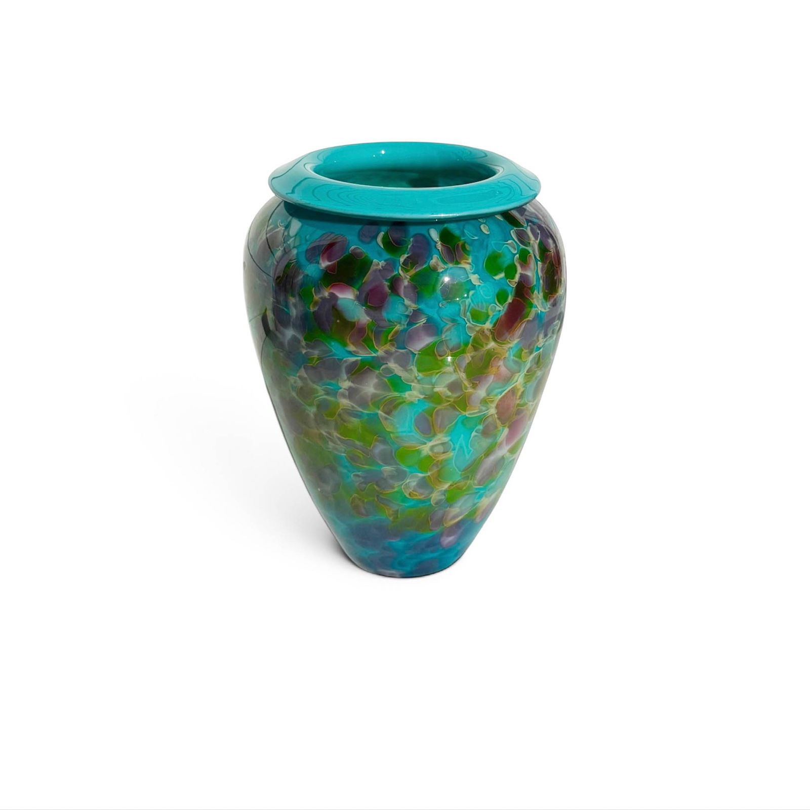 Charles Correll Art Glass Vase: Brilliant 1990's Vintage Charles Correll Studio Art Glass Vase vibrant in teals, greens and purples. Measures 7 1/2" W x 9" H