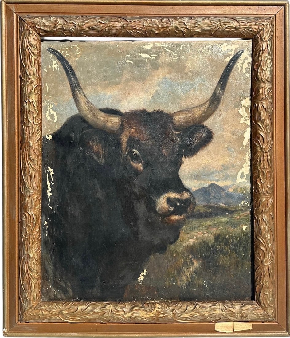 Henry Collins Bispham, c.1881 American Pastural Landscape: Henry Collins Bispham, b. 1841-1882, finished painting this pastural landscape and portrait of bull with horns a year before his death. This oil painting on canvas was formerly hung on a wall in the H