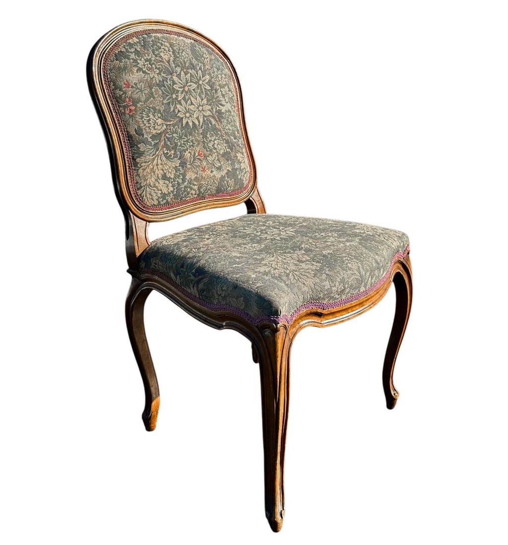 Antique French Provincial Tapestry Chair: Antique French Chair made of carved wood, upholstered with botanic motif tapestry. Has been professionally restored. Measures