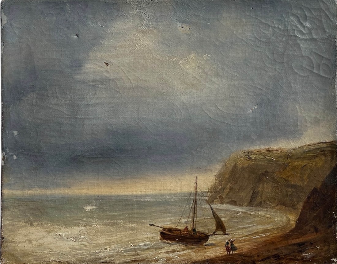 1860's Oil on Canvas, European Seascape with Boat: Antique European oil on canvas Seascape painting with two women in dresses greeting a sailboat at shore. Moody, Dramatic skies in a Turner style set by a shoreline and cliffside. French import. Measur