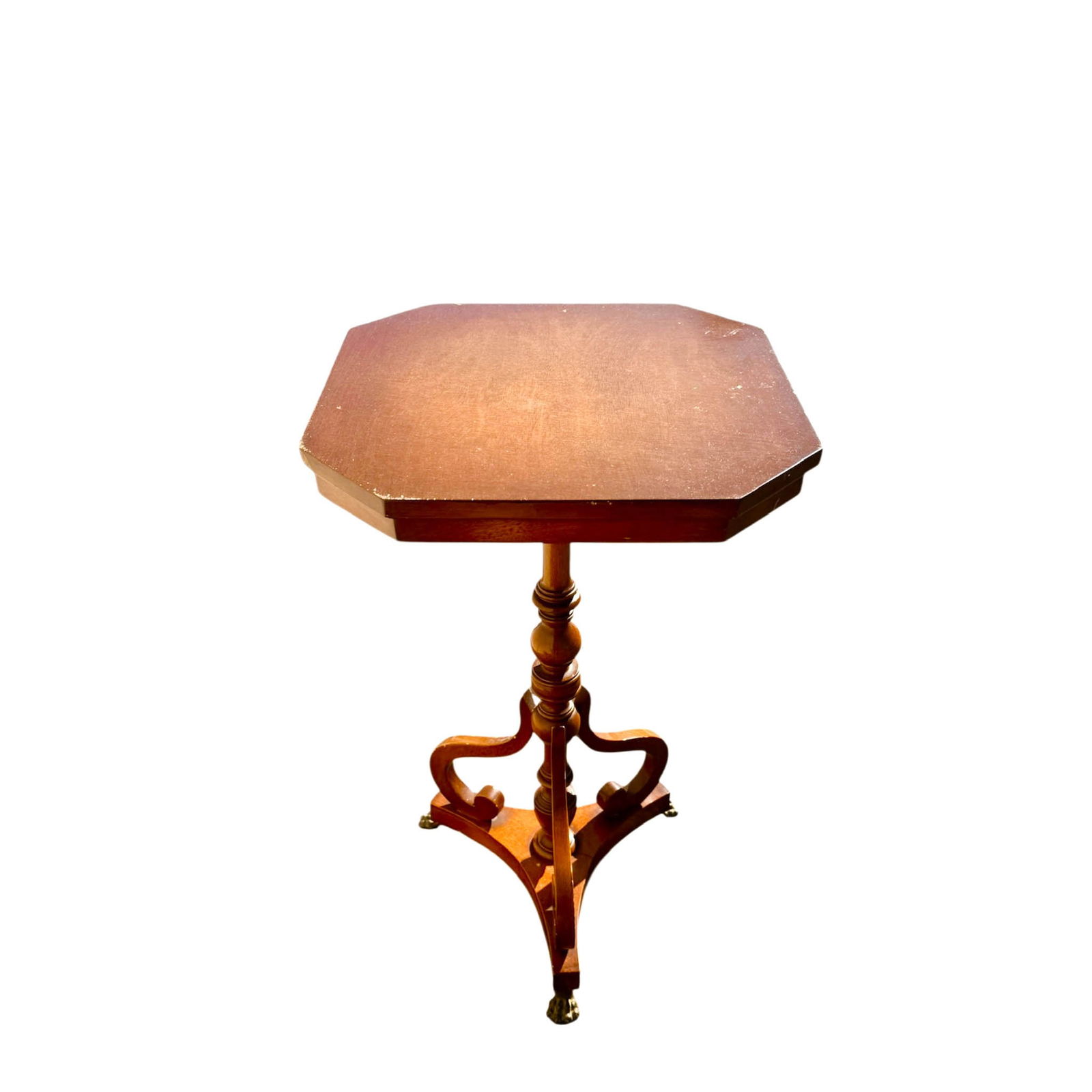 Antique Continental Lamp Table with Brass Feet: Antique Italian tripod pedestal base lamp table with excellent turned wood base and brass claw feet and an octagonal top. Measures