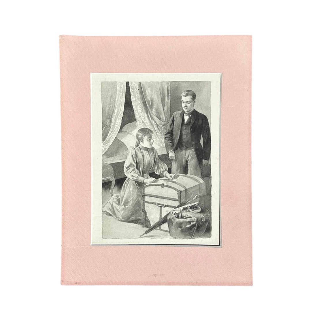 Antique French Original Ink Painting on Paper: Young woman kneeling over a steamer trunk next to umbrella and doctors bag. Measures Please refer to the following address for the pick-up location: 2 Quogue Plaza Trail, Quogue, NY 12048
