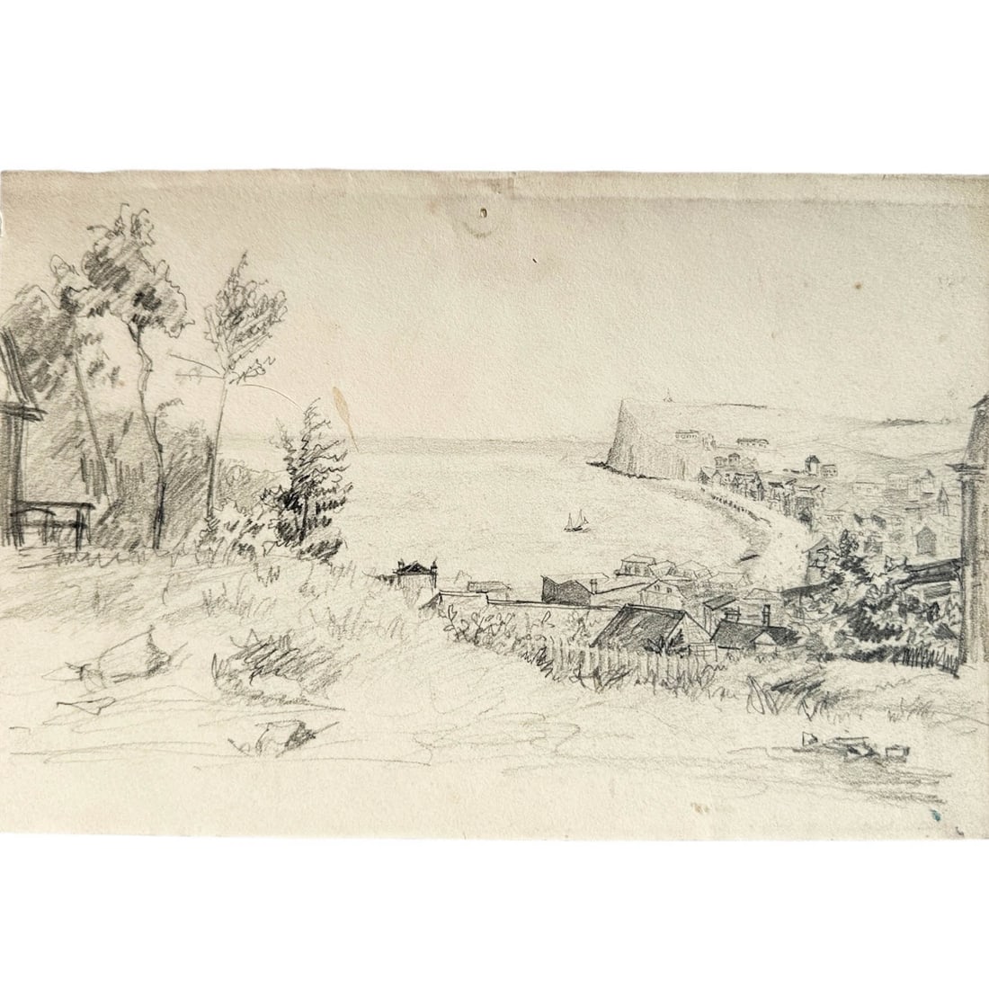 French Seascape with Cliff in Ink on Paper: Original, from france, land or seascape in ink on paper. Measures Please refer to the following address for the pick-up location: 2 Quogue Plaza Trail, Quogue, NY 12052