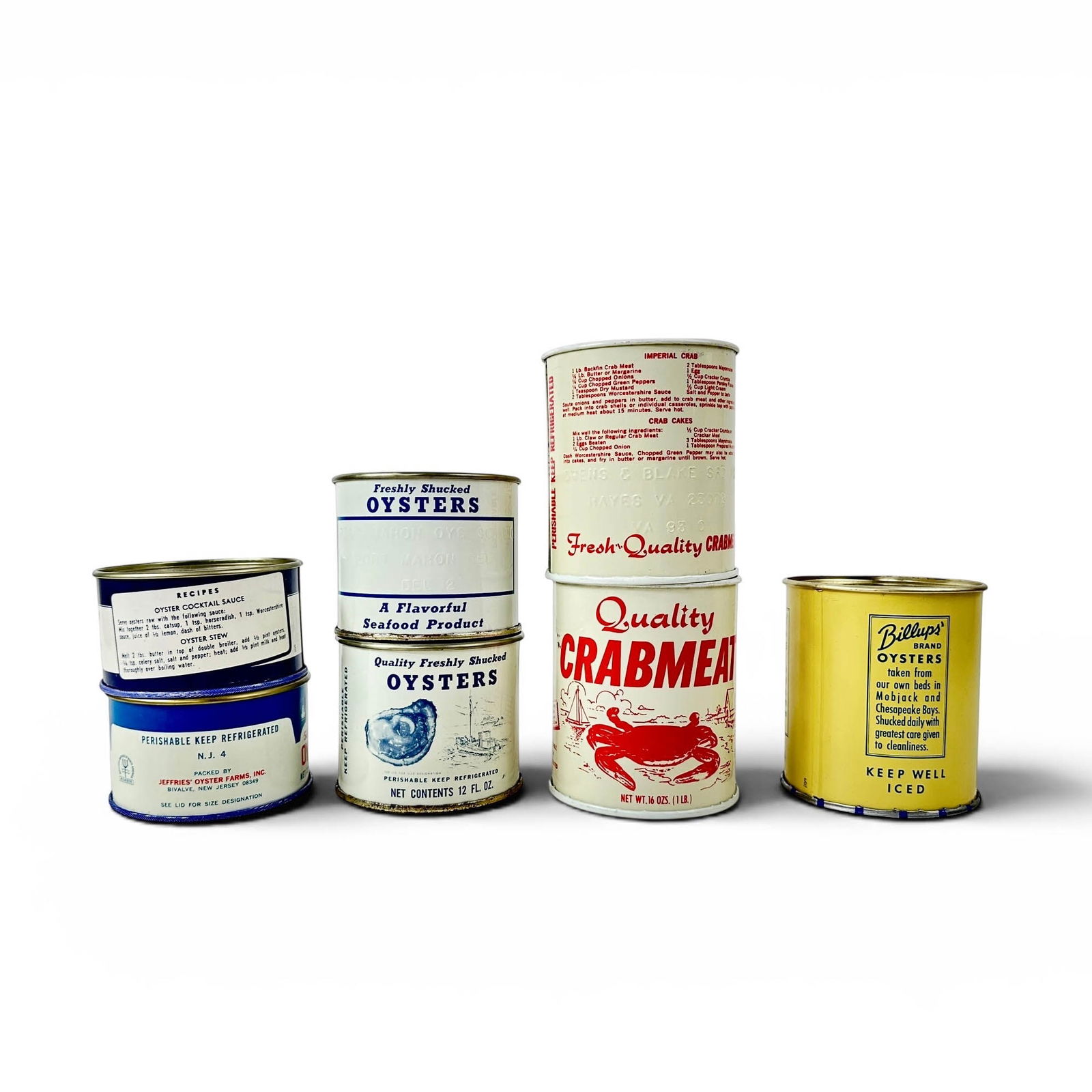 Vintage Deadstock Oyster Cans: Selection of 7 Vintage Dead Stock Oyster Cans. Please refer to the following address for the pick-up location: 2 Quogue Plaza Trail, Quogue, NY 12058